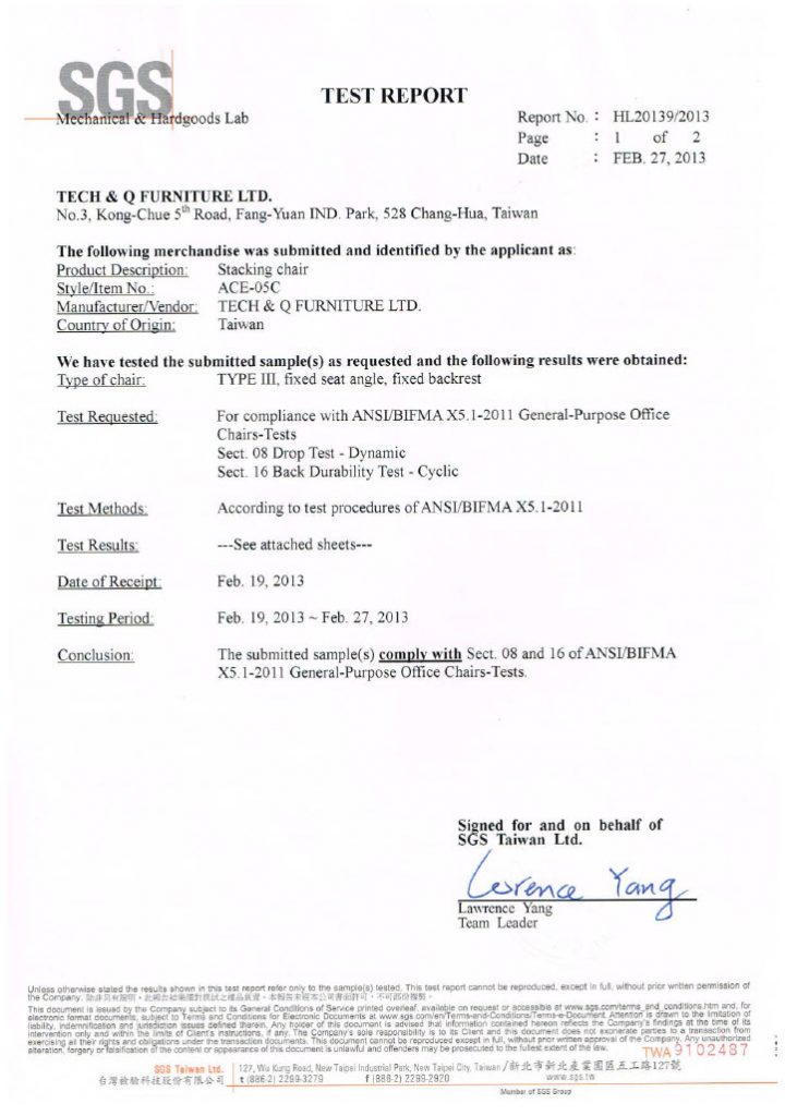 ANSI/BIFMA X5.1-2011 report of ACE-05C stacking chair