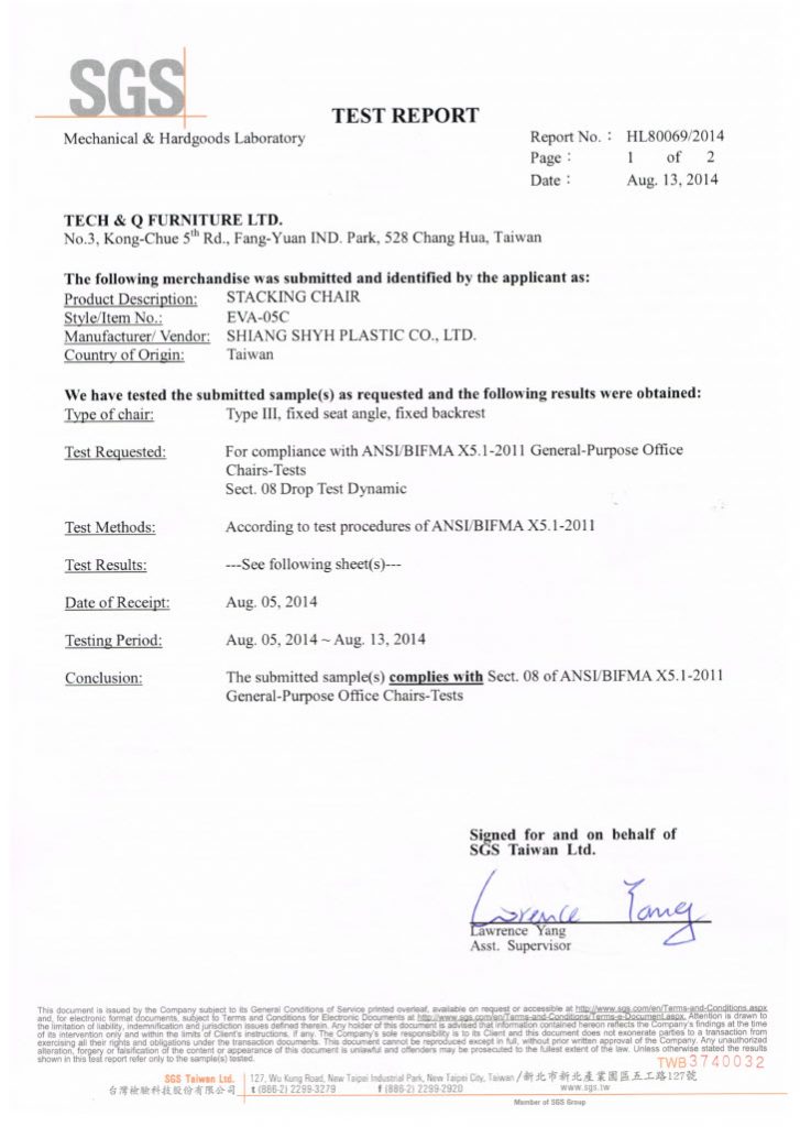 ANSI/BIFMA X5.1-2011 report of EVA-05C stacking chair